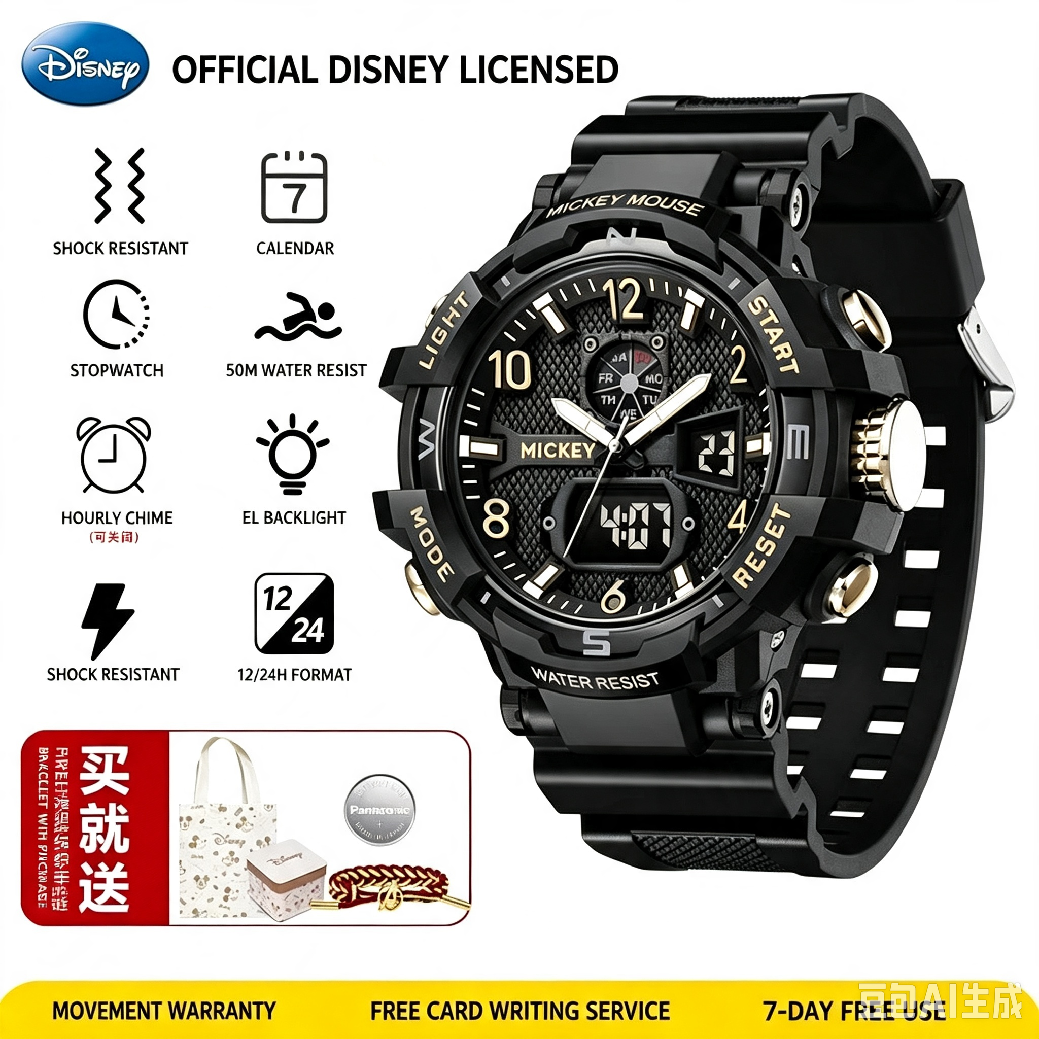 Official Disney Mickey Mouse Sports Digital Watch For Teen Boys 50M Waterproof Shock Resistant Dual Display Wrist Watch