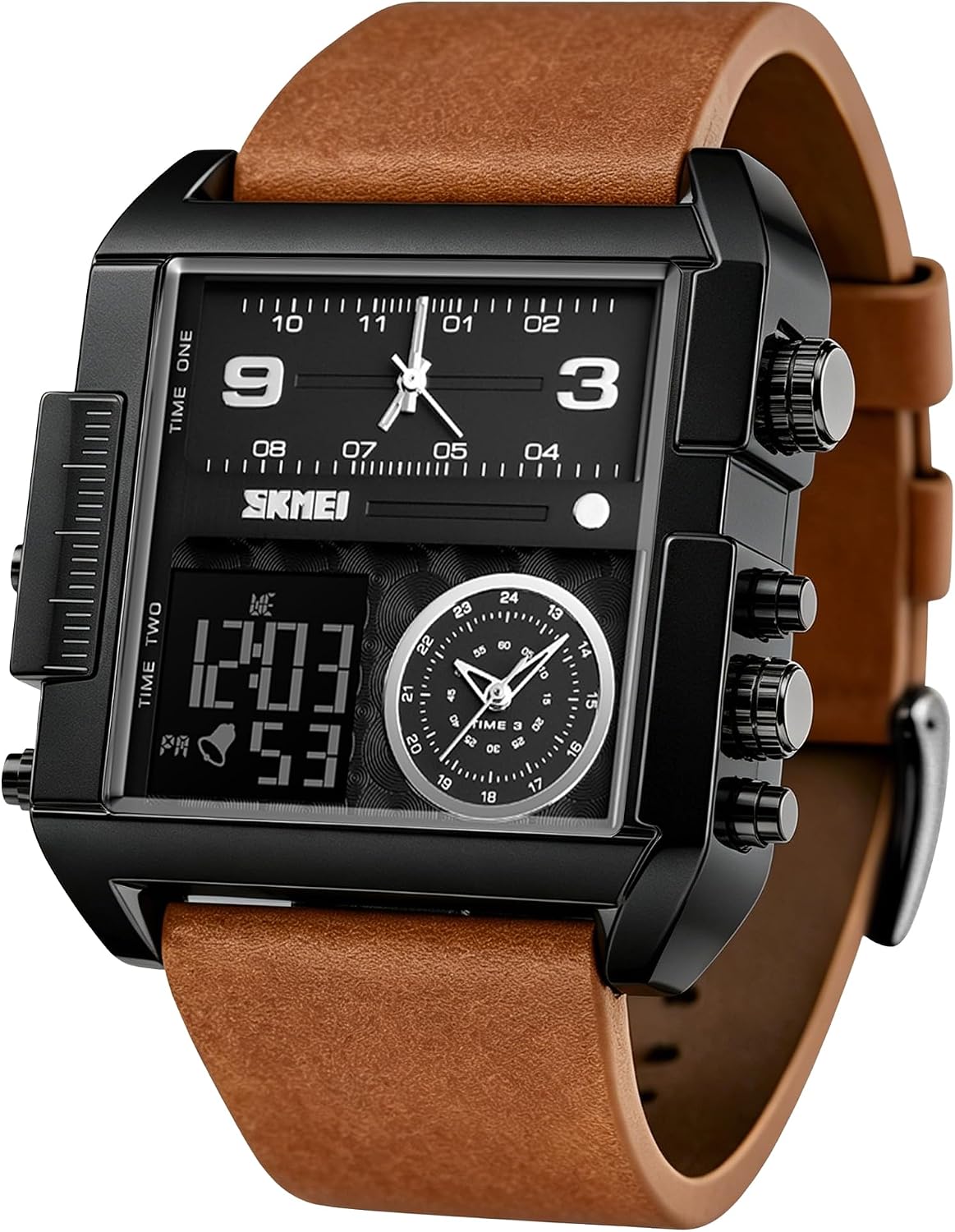 SKMEI Men's Digital Sports Watch, LED Square Large Face Analog Quartz Wrist Watch with Multi-Time Zone Waterproof Stopwatch