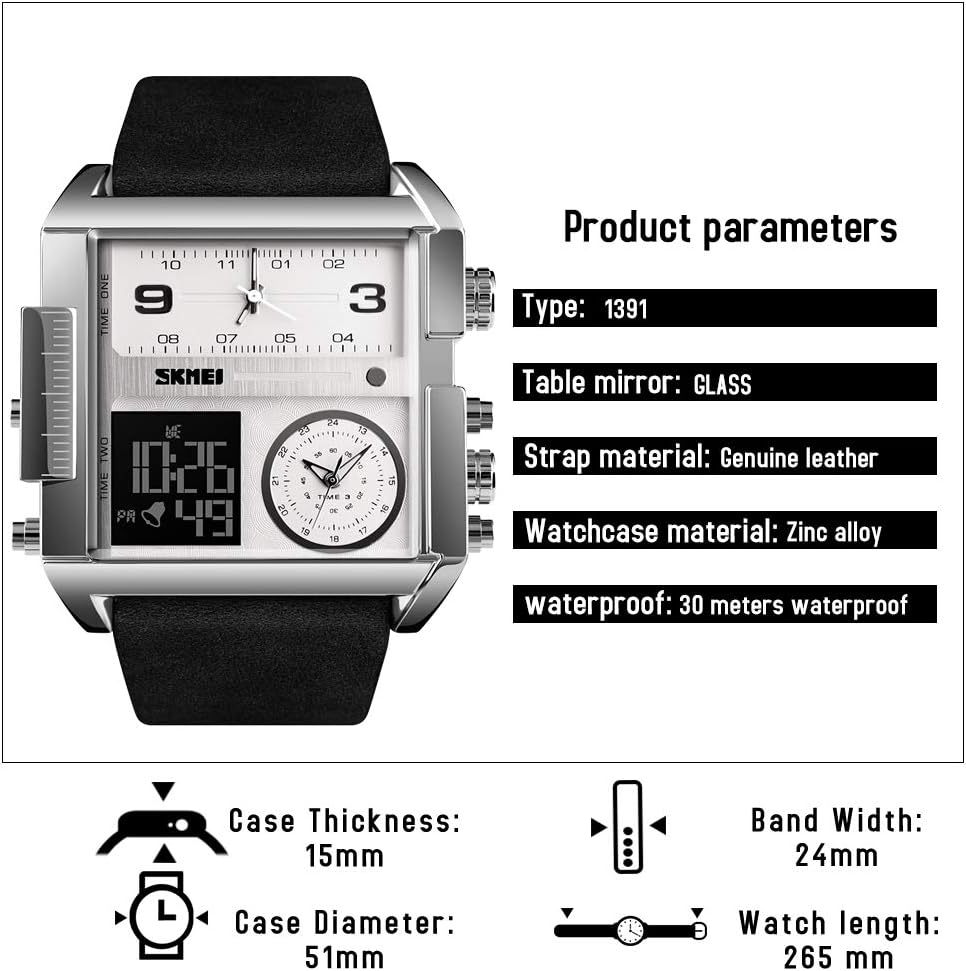 SKMEI Men's Digital Sports Watch, LED Square Large Face Analog Quartz Wrist Watch with Multi-Time Zone Waterproof Stopwatch
