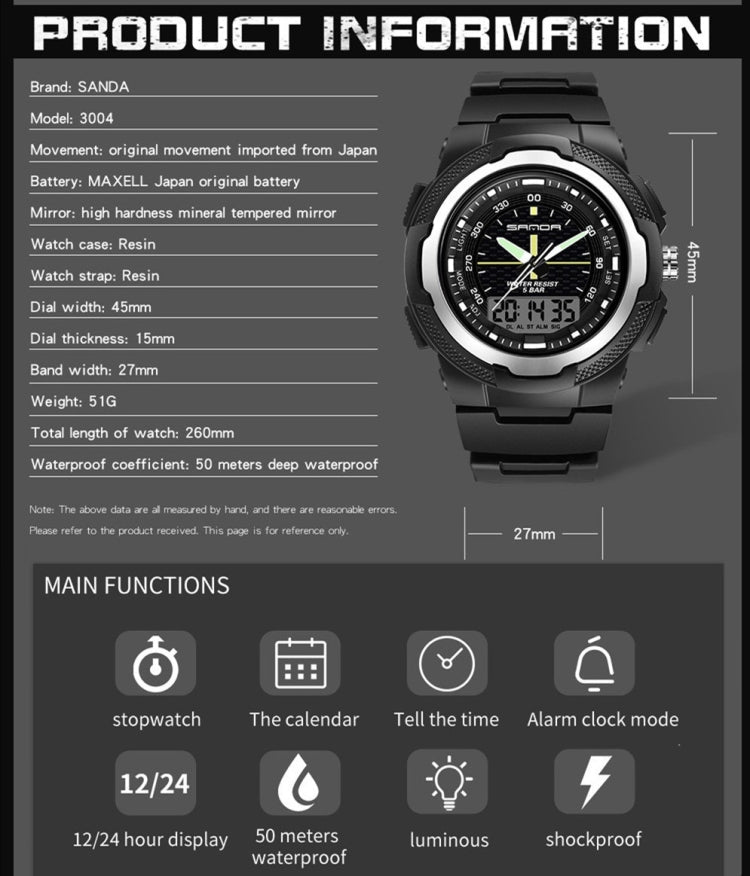 Sanda 3004 Electronic Watch Movement Men Watch Outdoor Sports Luminous Waterproof Multi-Function Watch