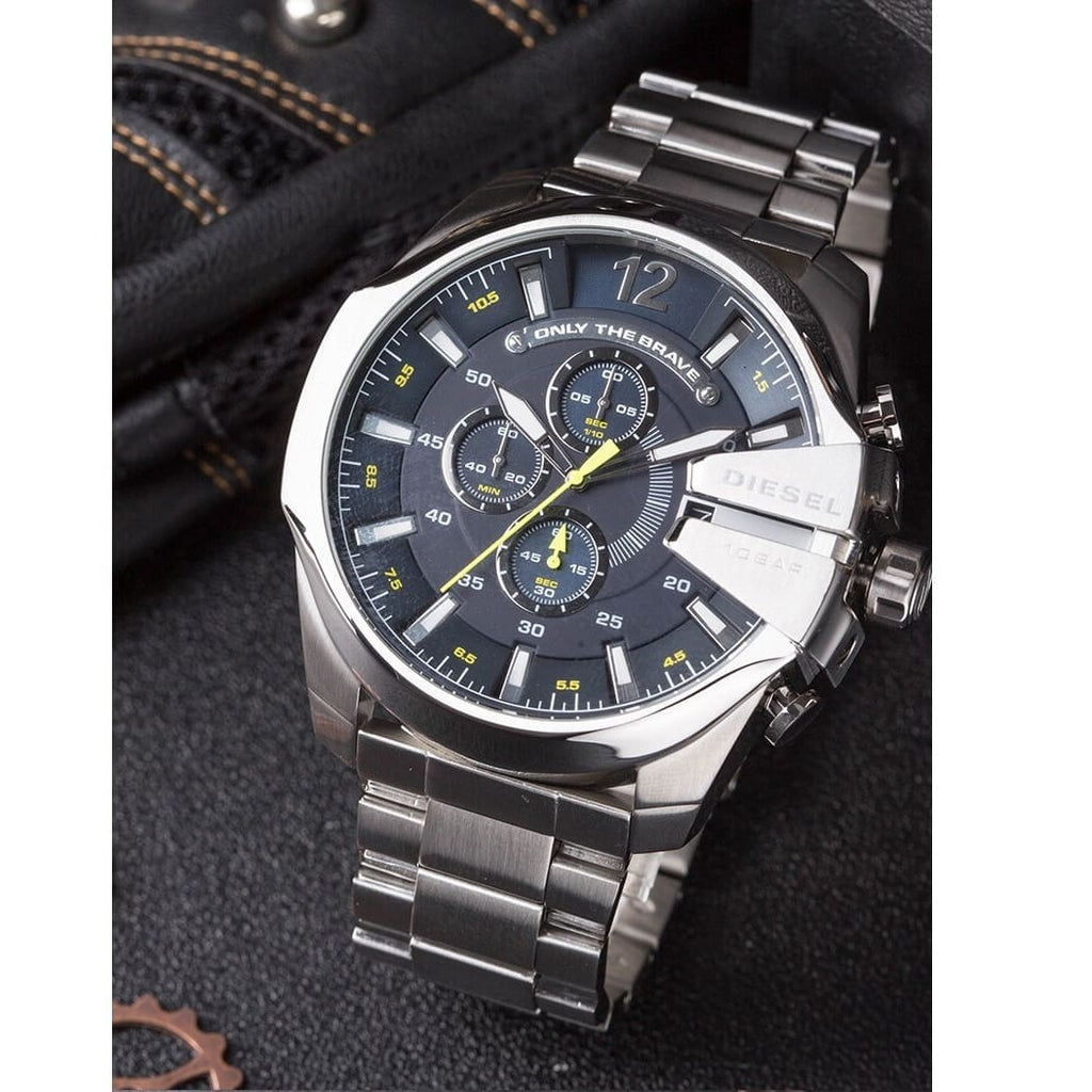 Diesel DZ4465 Mega Chief Chronograph Men's Watch – Blue Dial & Silver Stainless Steel Strap
