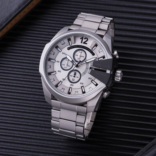 Diesel DZ4501 Mega Chief Chronograph Men's Watch – Silver Dial & Silver Stainless Steel Strap